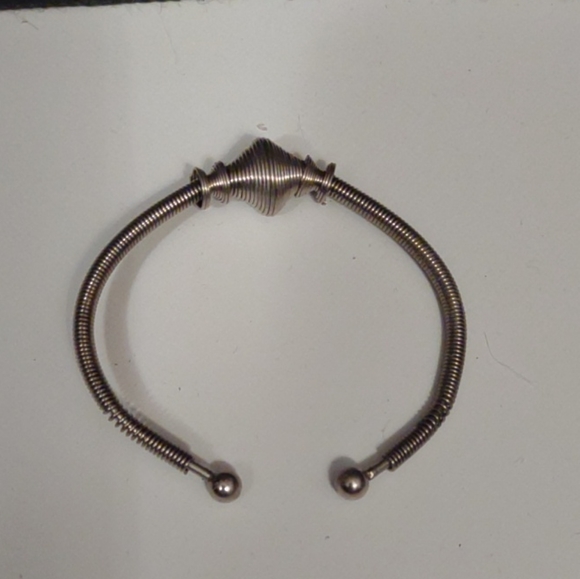 Silver  Stainless Steel Beaded Open Cuff Bracelet 6 1/4" Adjustable  Metal Silv - Picture 3 of 5